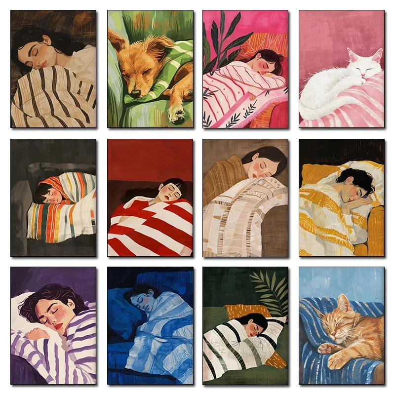 Colourful Sleeping Woman and Pet Cat Dog Poster Minimalist Vintage Girl Animal Canvas Painting Wall Art Living Room Home Deco