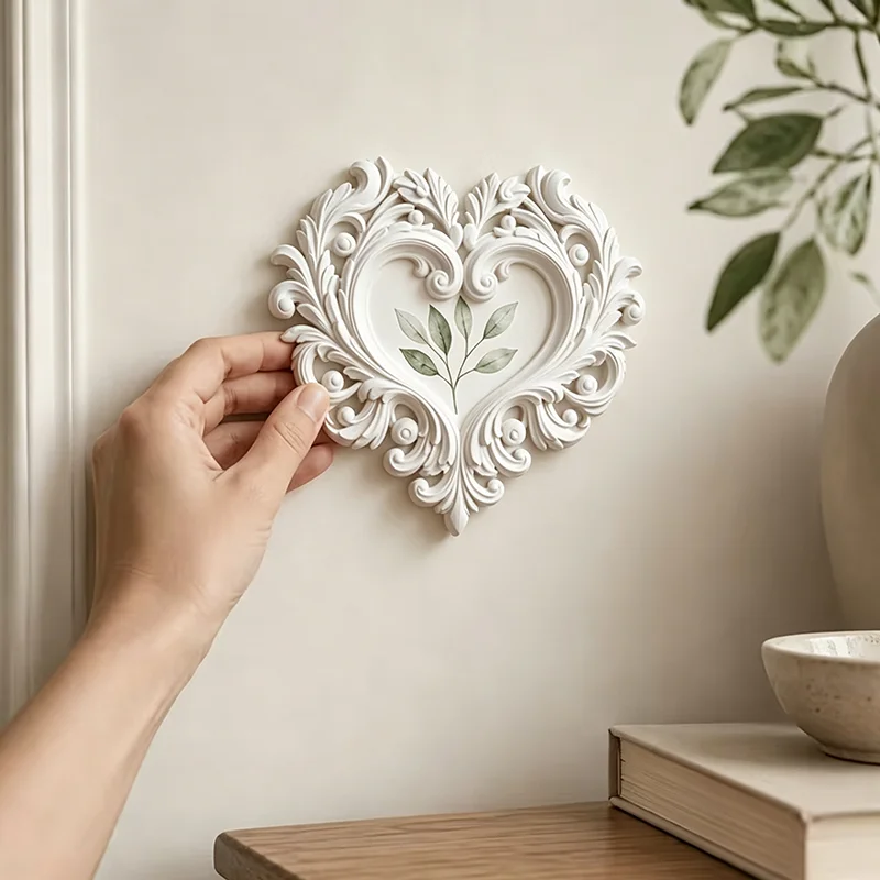 3D Printed Ornate Baroque Heart Wall Plaque White Vintage Rococo Scroll Relief Wall Hanging Romantic Wall Sculpture Ornament