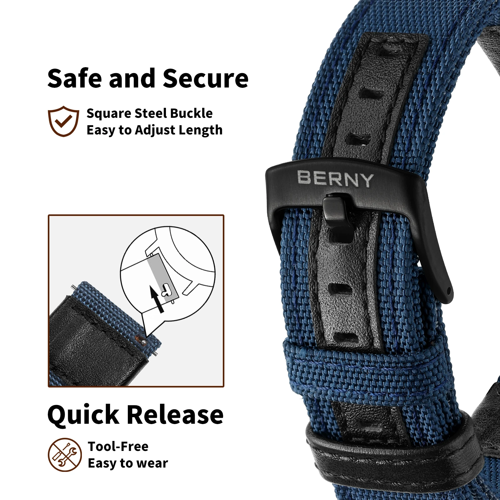 BERNY 20/22 mm Nylon-Uhrenarmband, atmungsaktiv, Sport-Uhrenarmbänder, gewebtes Nylon-Armband, Haltbarkeit, Stahlschnalle, werkzeugloses Uhrenarmband – Detail 19