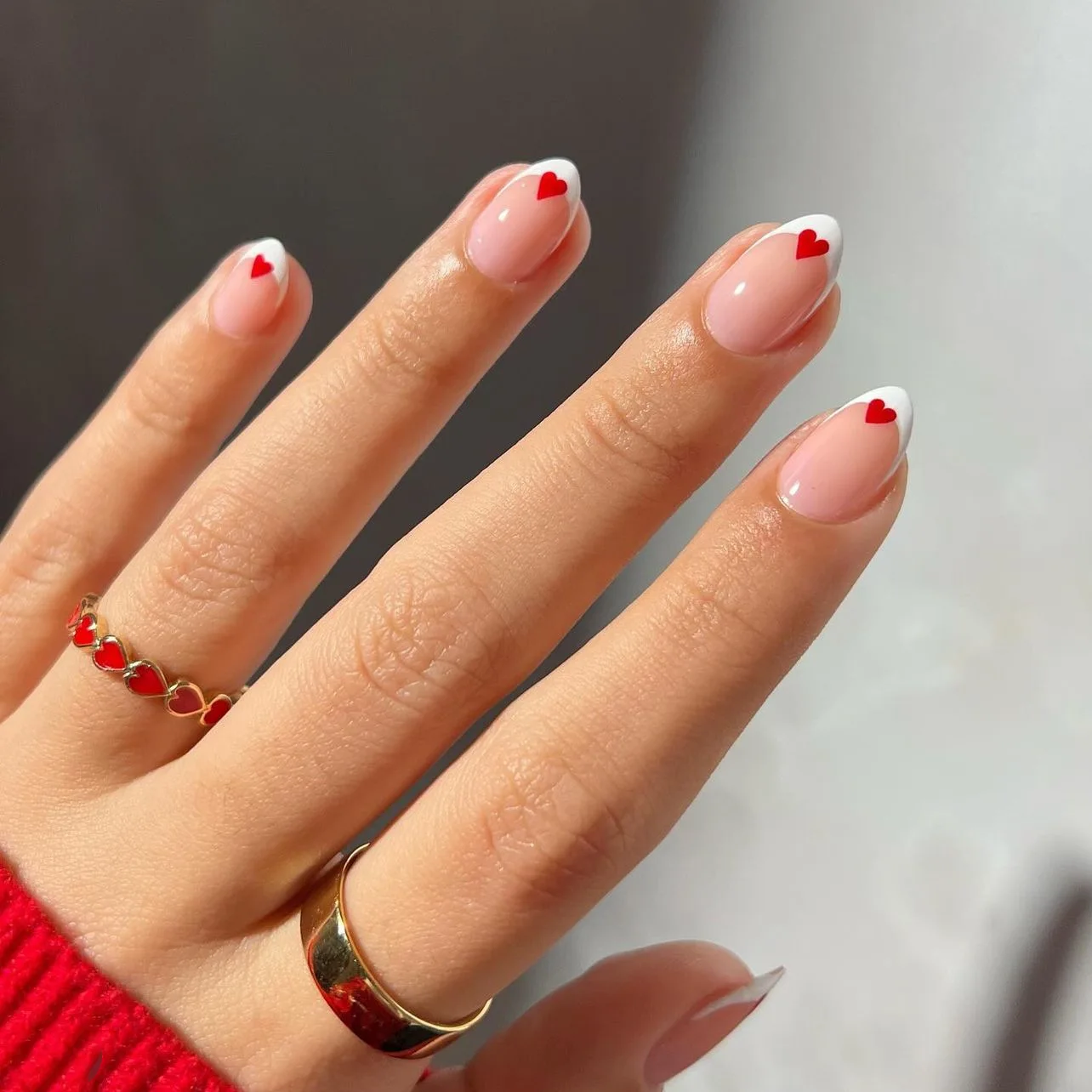 Red Love White French Nail Art Valentine Cute Gift Wearable Fake Nails Detachable Finished False Nails Press on Nails with Glue