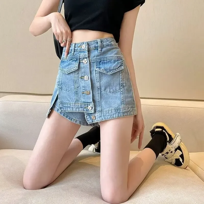 

Denim Shorts Women Jeans Skirt Sexy Multiple Pockets Washed Distressed High Waist Skorts Streetwear Short Y2k 2025 Culottes