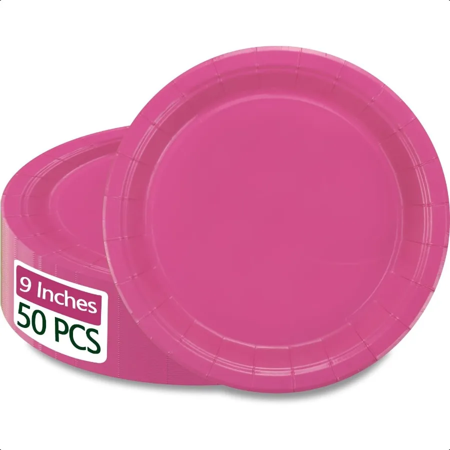 

50 шт., ярко-розовые бумажные тарелки, 9 Cerise, круглая обеденная тарелка для праздников, пикников, торжеств, розовых колясок для дня рождения