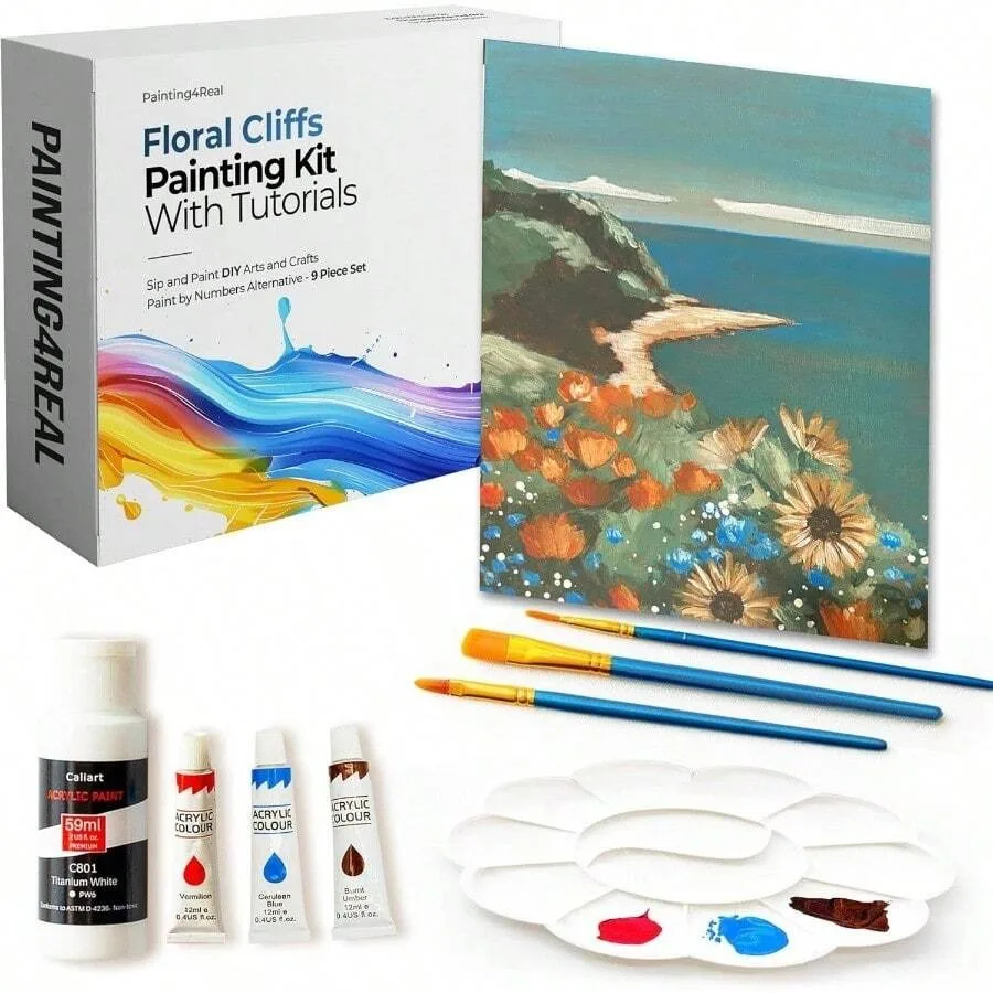 

Art Painting Kit Adults With Video Tutorials U2013 Learn To Paint Floral Cliffs - 9 Pieces Acrylic Paint Set Art Supplies Adult