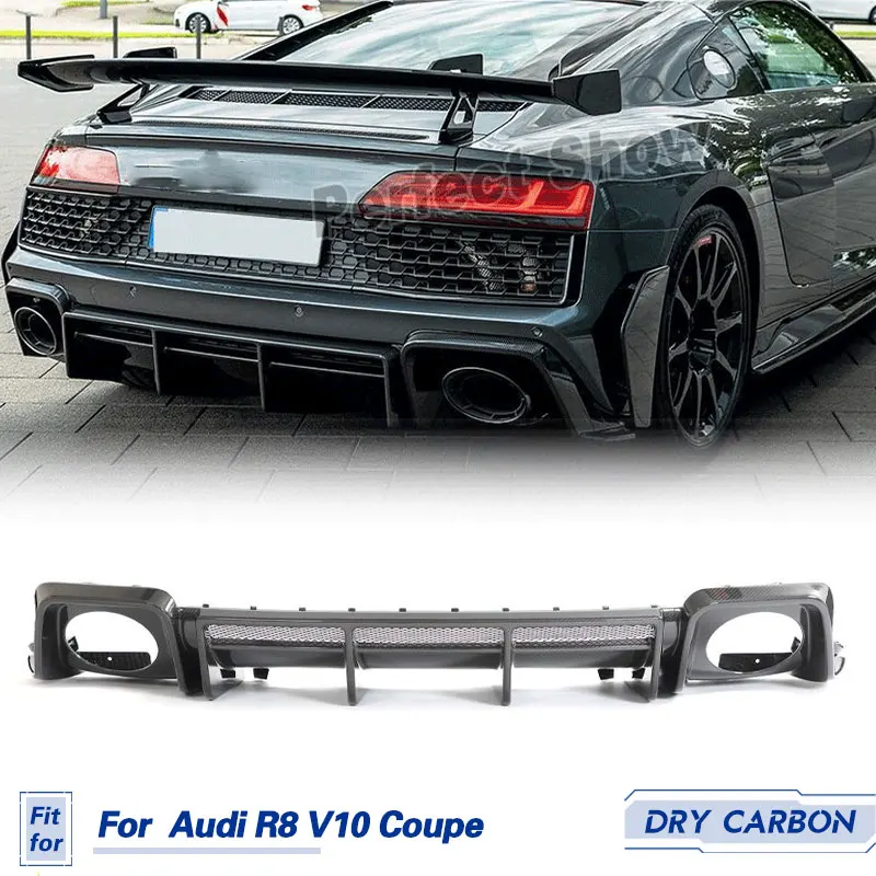 Car Rear Bumper Diffuser Lip Spoiler Prepreg Dry Carbon for Audi R8 V10 Coupe Convertible 2D 2022 2023 Rear Lip Apron Body Kit