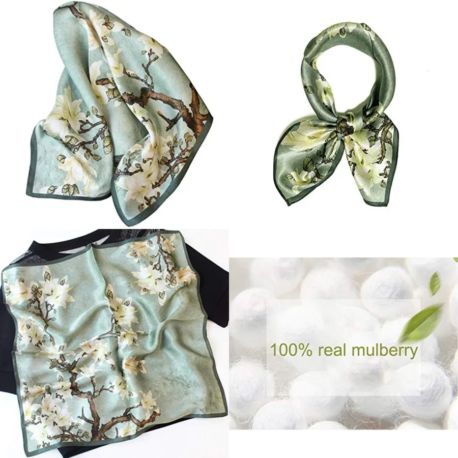 

Women's Men's Small Square 100% Real Mulberry Silk satin Scarfs Hair head face scarf 21" x 21", Green Flower