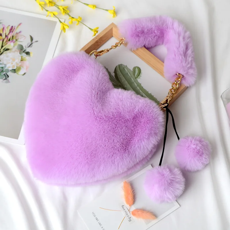 Valentine's Day/Eid Al-Fitr/New Year Gift - Korean-Style Faux Rabbit Fur Handbag for Girls and Children, Heart-Shaped Crossbody Bag