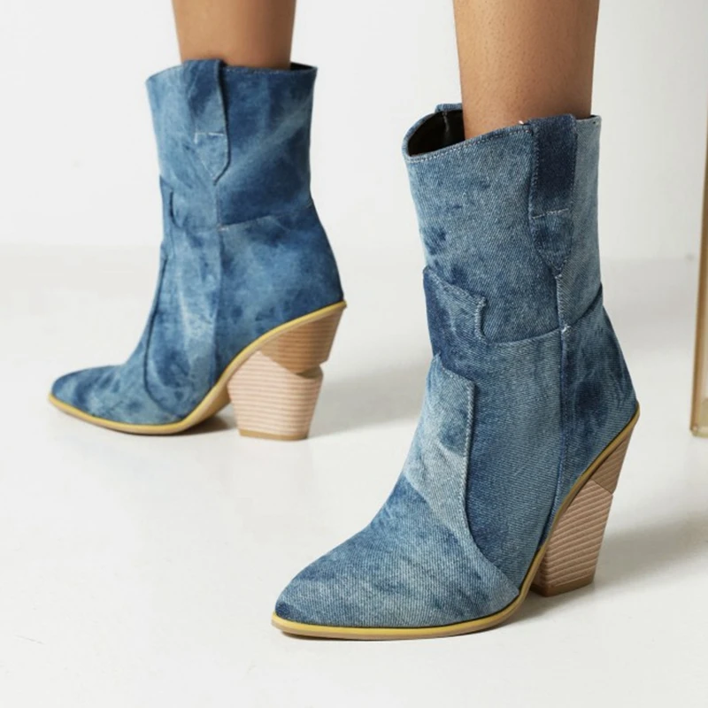 ASILETO 2023 Denim Winter Warm Fur Western Ankle Boots for Women Wedge Heel Pointed Toe Slip On Big Size US17 S2449