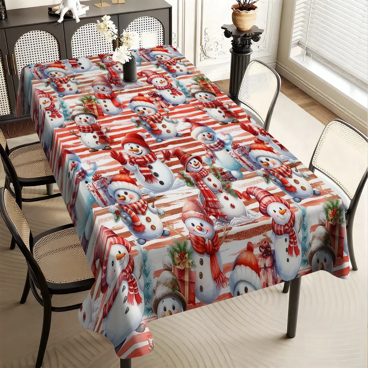 1pc Creative Cartoon Healing Tablecloth With A Cute Snowman On A Red And White Striped BackgroundFoldable And Easy To StoreMade