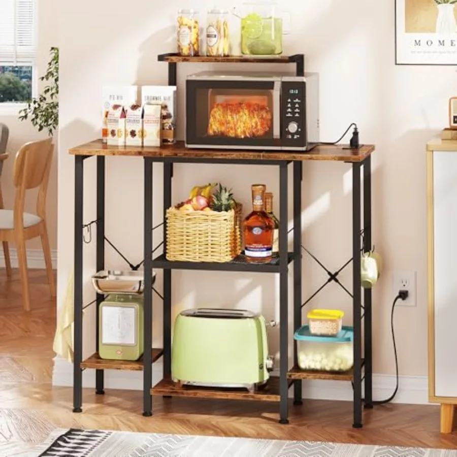 

Bakers Rack with Power Outlet Coffee Bar with 4 Hooks 6 Tiers Microwave Stand with Storage Freestanding Kitchen Appliance Organ
