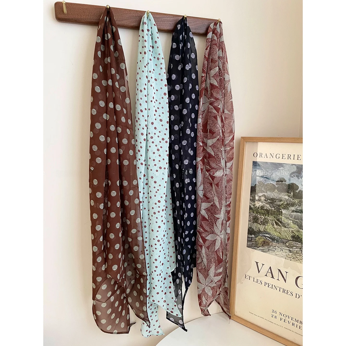 وشاح رقبة فني بنقاط بنية للنساء، طويل ومتعدد الاستخدامات، بأسلوب كوري عصري، إكسسوار موسمي للربيع والخريف