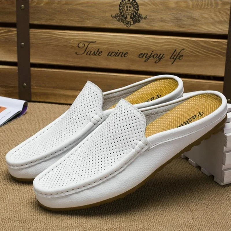 2025 Summer Slip On Half Shoes For Men Leather Slippers Casual Mules Breathable Comfy Loafers Moccasins white Black blue
