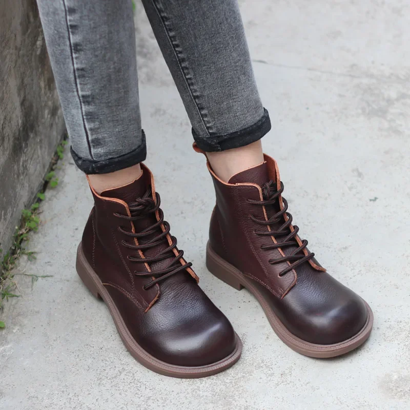 Handmade vintage shoes cowhide ankle boots Motorcycle boots Riding boots Big toe shoes leather