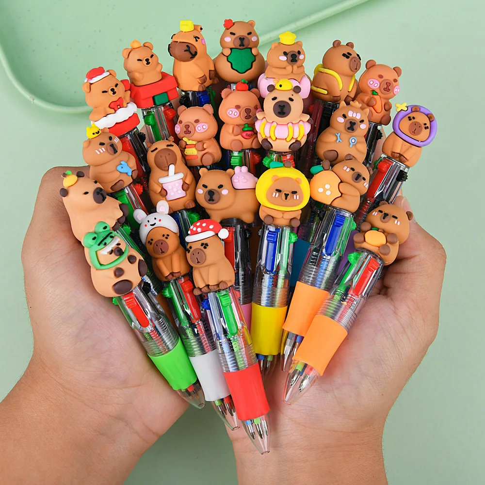 

4-Color Retractable Ballpoint Pen 10Pcs Cute Capybara Cartoon Press Pen Portable Journal Pen for Student Back To School Gift