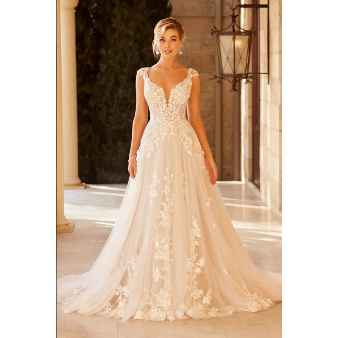 Champagne Tulle A-Line Wedding Dress, Cap Sleeve V-Neck Floral Lace Bridal Gown, Low Scoop Back Long Train Romantic Custom Dress