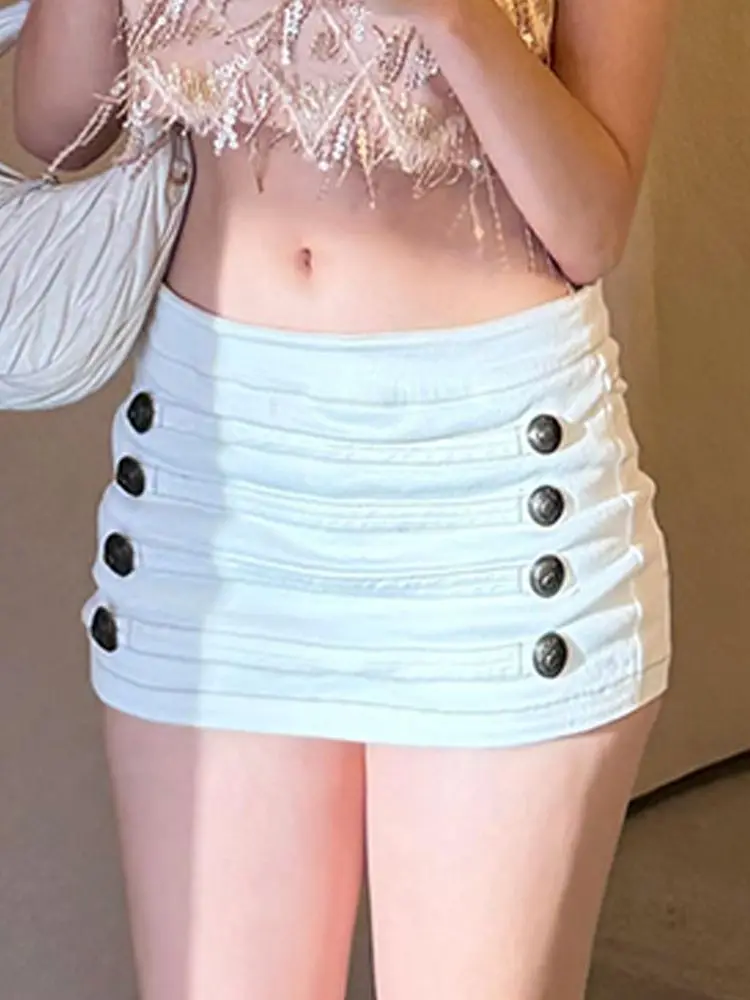 Spice Girl Double-breasted Denim Skirts Women Summer New Retro Design Low-rise Culottes