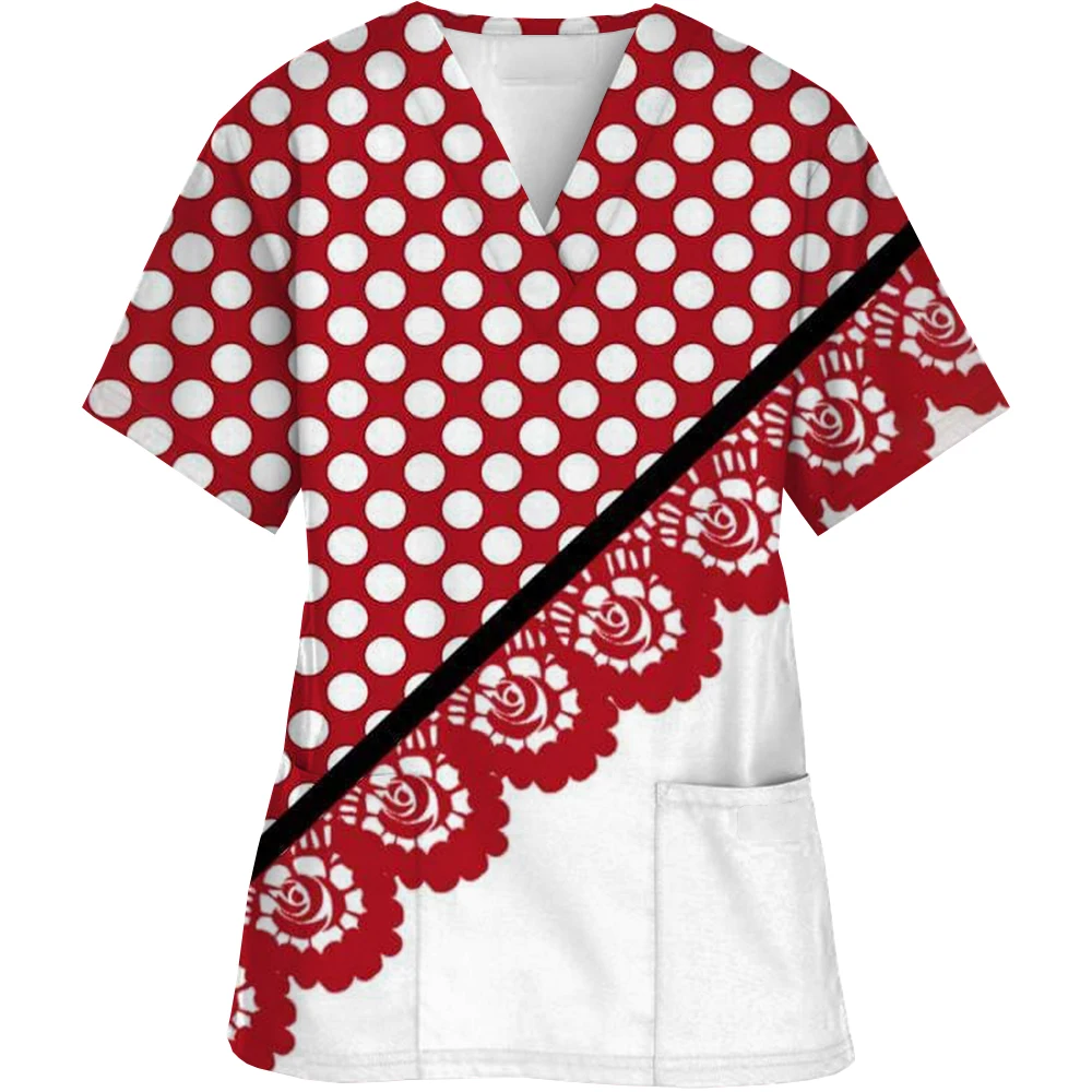 High Quality Printed Women's Matte Top Paired with V-neck Cartoon Matte Uniform Thin Nurse Top Women Short Sleeves Healthy Tone