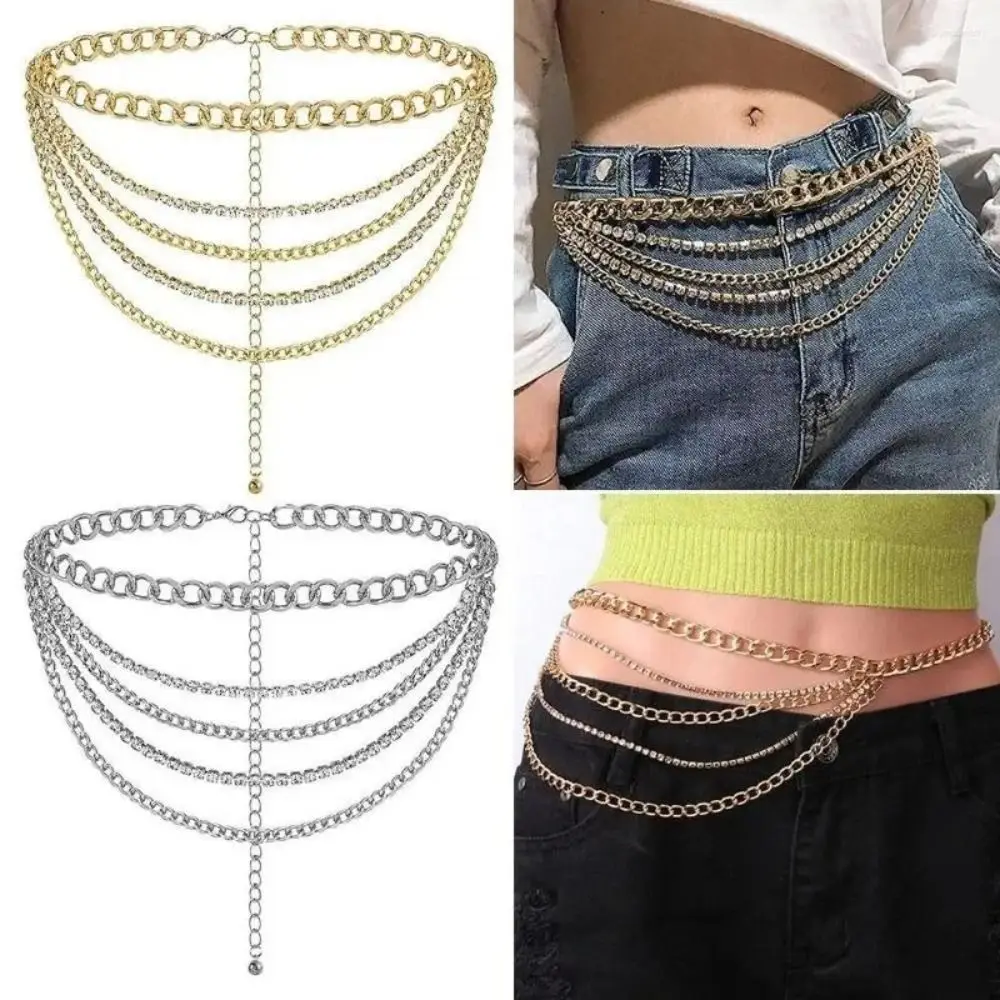 Fashion Metal Waist Chain Rhinestone Inlaid Multi Layer Design Body Chain Adjustable Punk Style Rhinestone Belt Daily Outfit