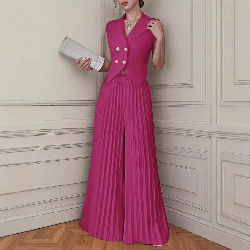 Faionable Conjunto de dos piezas para mujer con chaleco y falda plisada, pantalones casuales para ir al trabajo, Color puro, cintura media-baja, Material de PVC