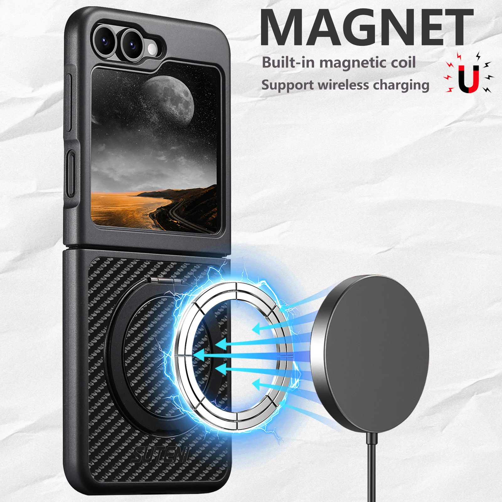 Carbon fiber pattern Magnetic Bracket Case for Samsung Galaxy Z Flip 7,6,5 360° Rotating holder Ring Stand cover
