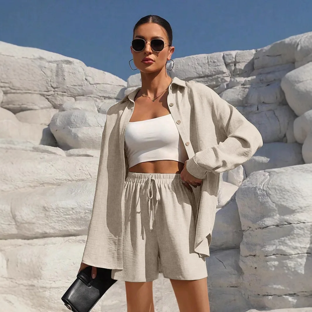 

Fashion Women Shirt + Shorts Two Piece Set Solid Color Shirt Suit 2025 New Casual Loose Short Sleeve Single Breasted Women'S Set