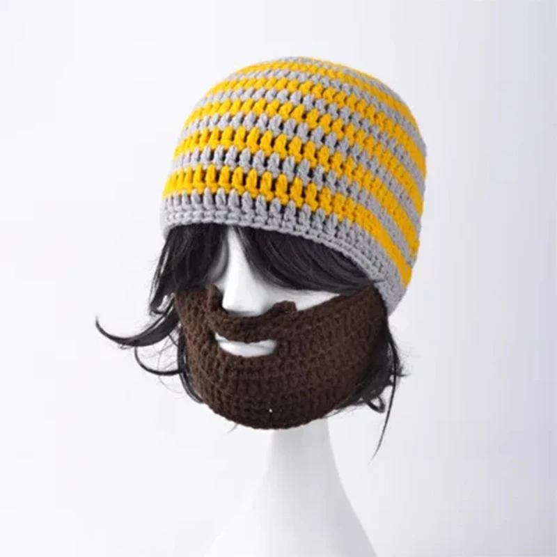 Men's Beard Hat Knitted Winter Beanie Striped Bonnet Touca Gorro Blue Gray Yellow Orange