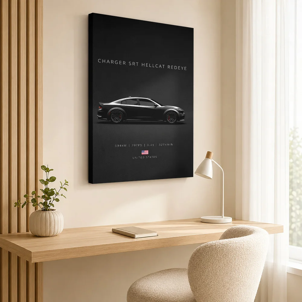 American Charger SRT Hellcat Redeye Black Muscle Car Canvas Posters 3D Wall Art With Customized Photo For Den Ideal Driver Gift