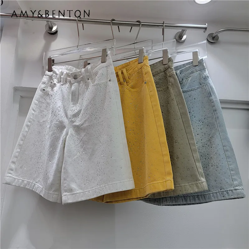 

Fashion High Quality Diamond Drills Denim Five Points Shorts Women's 2026 Summer New High Waist Slim Fit Wide Leg Short Pants