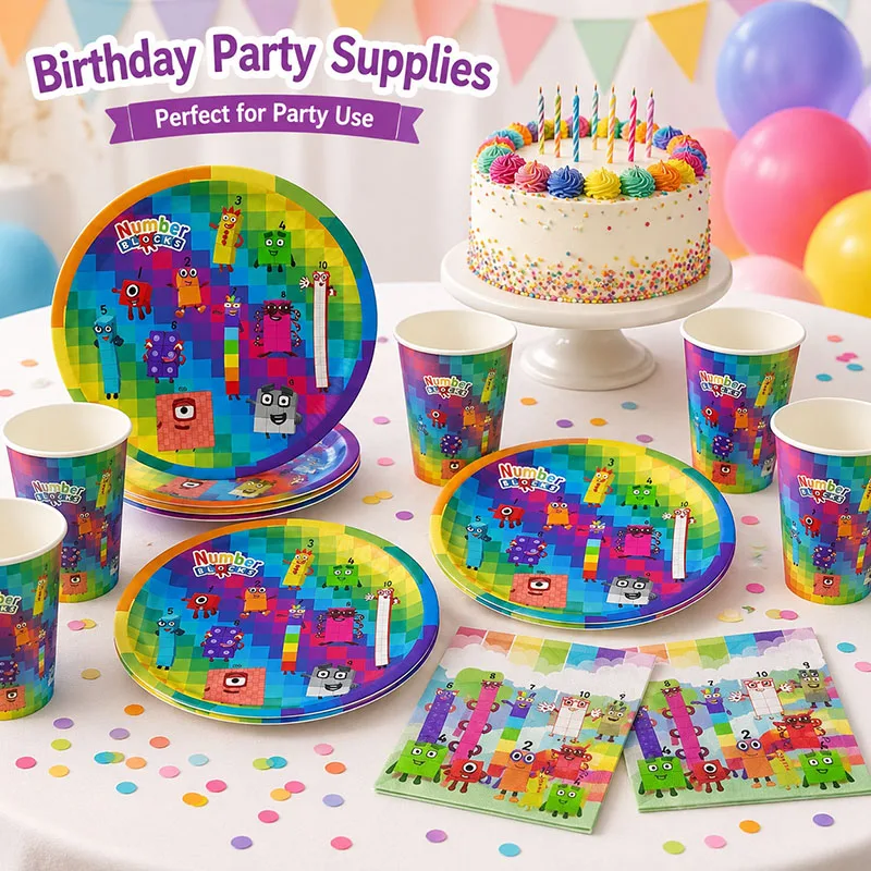 Character Number Print Blocked Table Decor Set Plates Cups Napkins Combination Disposable Tableware For Various Party Occasions