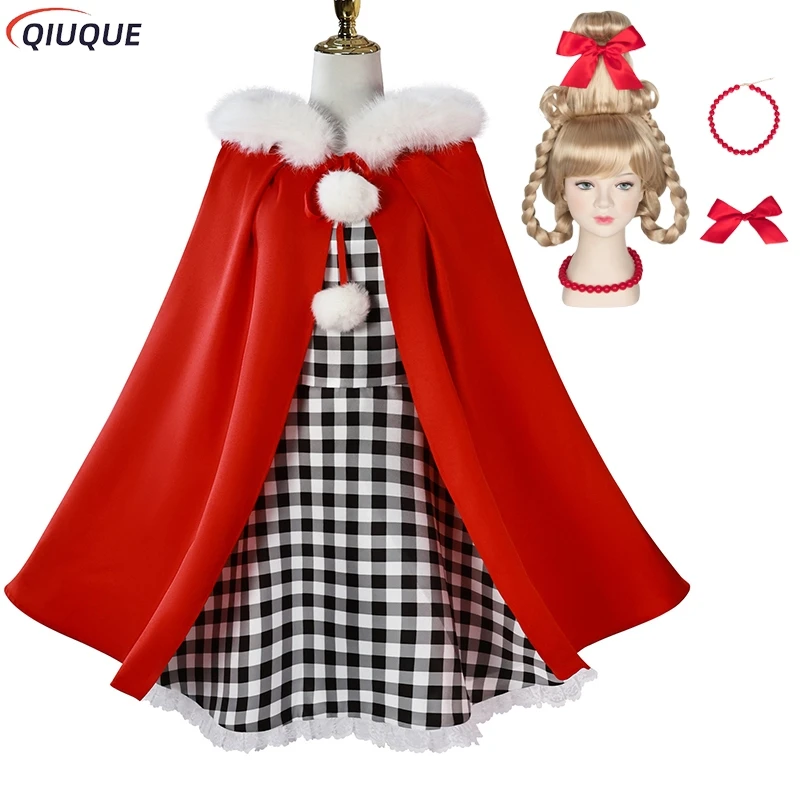 

Cindy Coaplay Costume Red Hood Cloak Plaid Dress Braid Wig Monster Cosplay Costume Christmas Outfit for Women and Girls