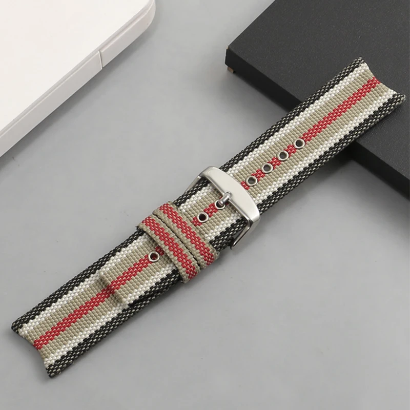 Replacement BU7600/BU7680 Series Concave Interface Woven Check Canvas Leather Watch Strap With 22mm