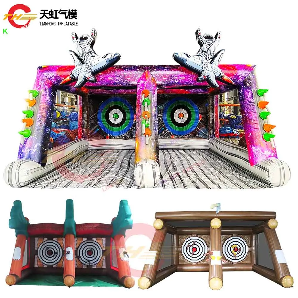 Tablero de dardos con tema de astronauta de 5x3m, doble hacha, juego inflable interactivo comercial, equipo deportivo de Carnaval, soplador