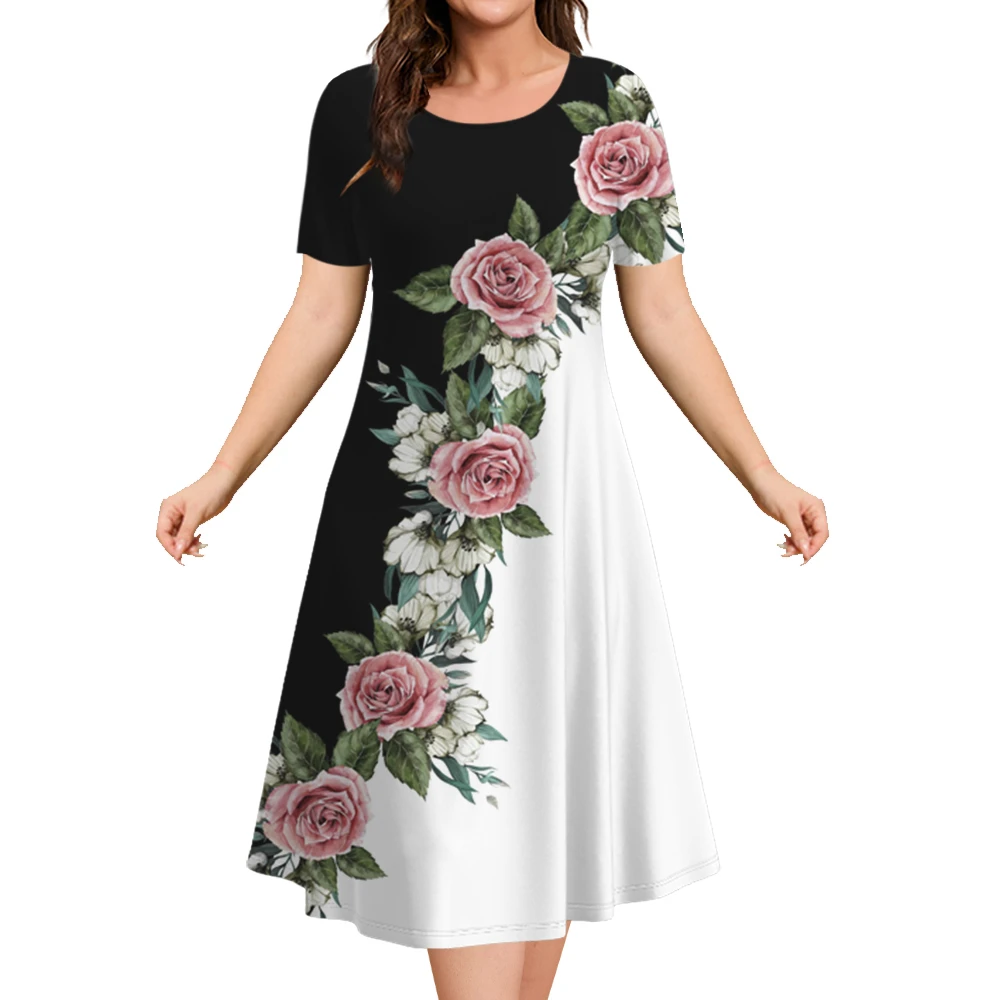 

2024 Women's Dresses Floral Print Elegant Midi Dresses Female Short Sleeve Dress Fashion Oversized Clothes Summer