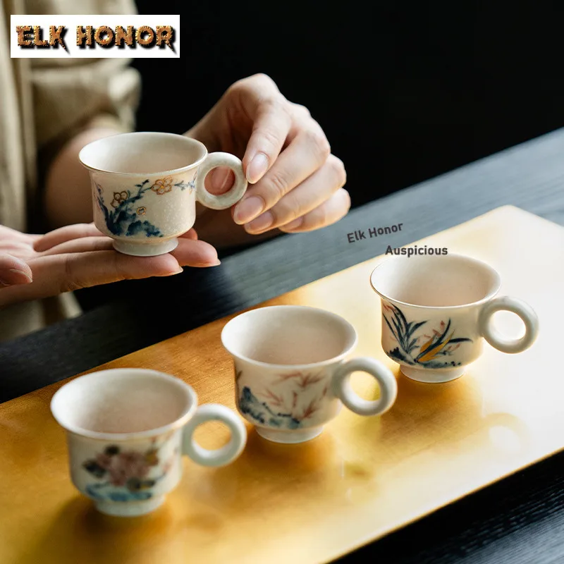 40ml Gold Drawing Hand-painted Bamboo Handle Teacup Luxury Tea Bowl Water Jug Tea-tasting Smelling Cup Chazhan Master Cups Cafes