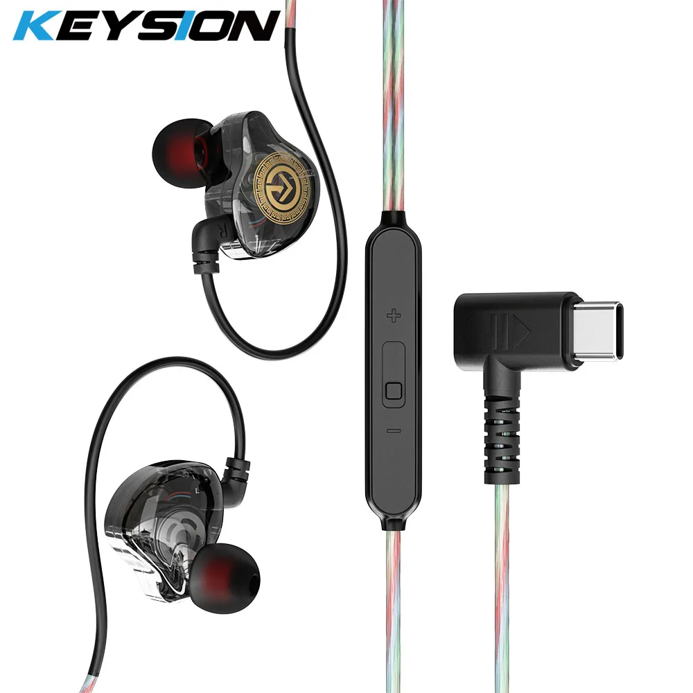 KEYSION Dynamic HiFi Wired Earphone Type C DAC Digital Chip In Ear Headphone L Bending Ear Hook Gaming Sports Headset With Mic