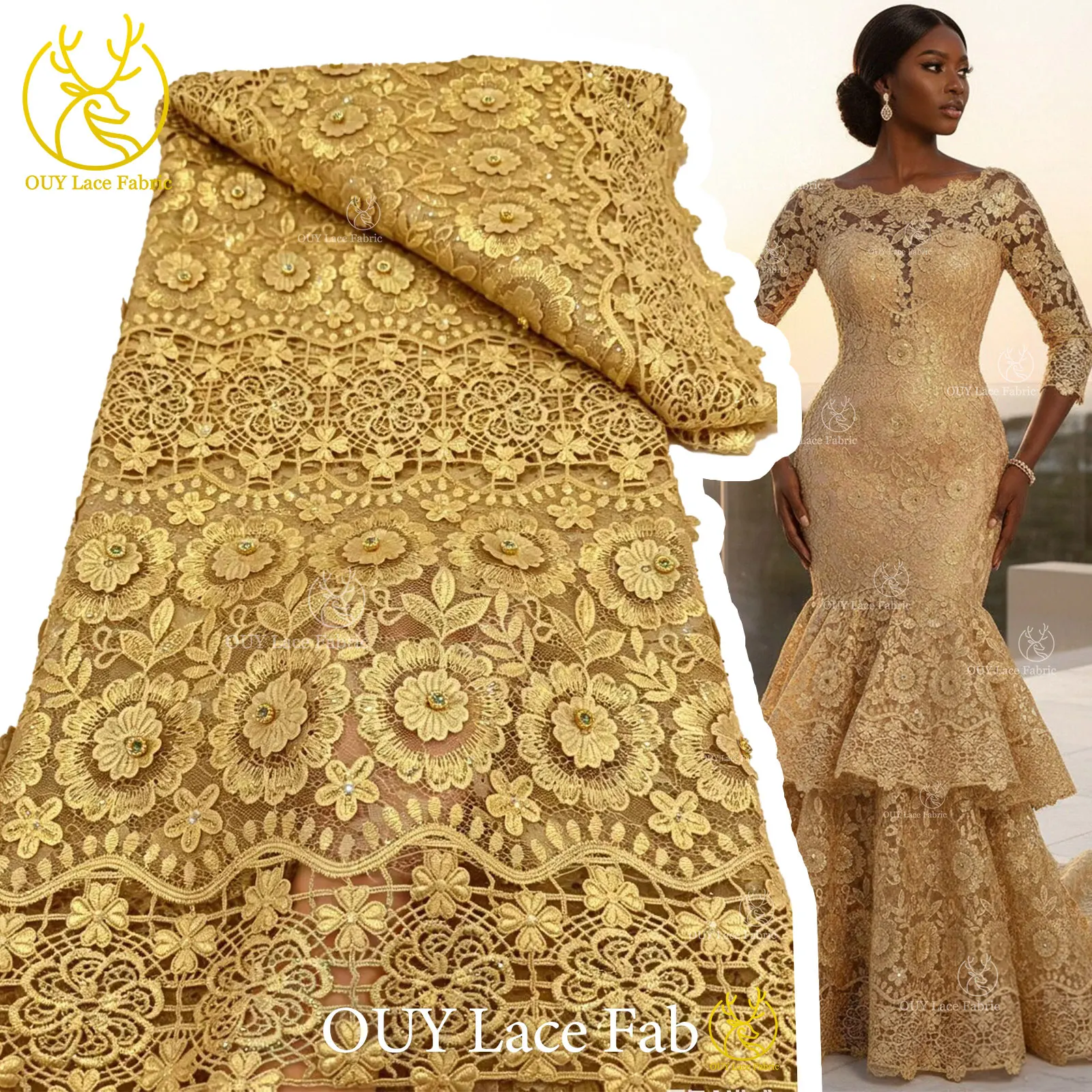 

Gold Luxury Nigerian Guipure Rope Stone Lace Fabric 2026 High Quality African Water Soluble Lace Fabric For Evening Dress Sewing