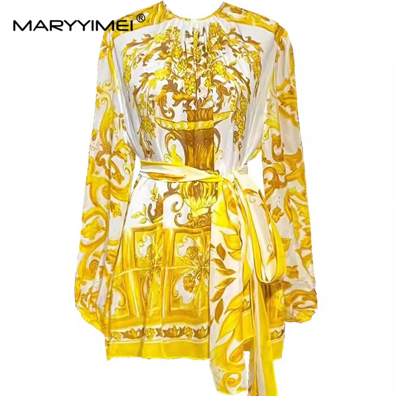 MARYYIMEI Fashion Designer Spring Summer Women\'s cotton shorts Lace-UP Baroque Print Streetwear Long-Sleeved Silk Tops