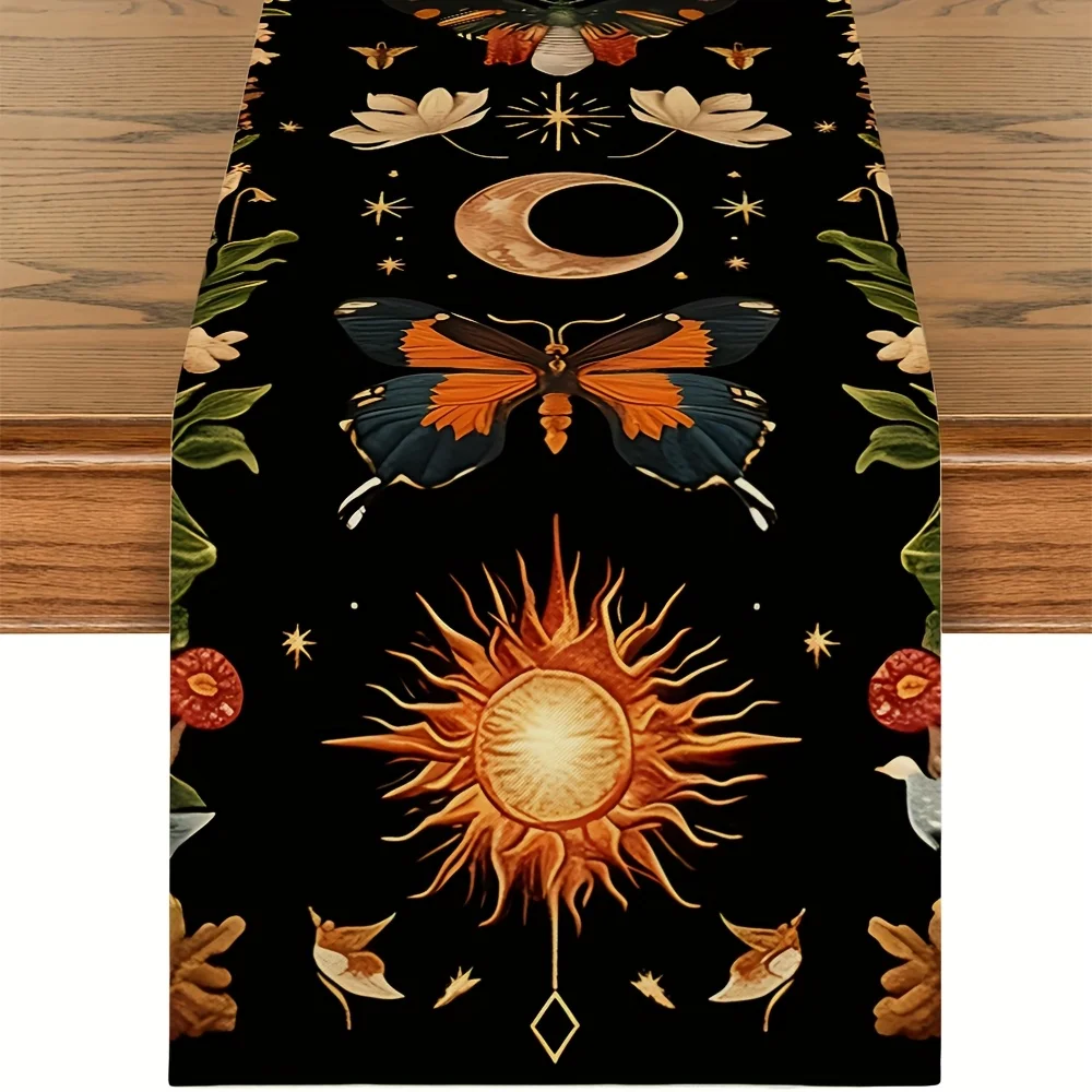 

Богемная дорожка для стола с цветочным принтом и бабочкой, которую можно стирать в машине, многоразовый полиэстер с узором лунной травы, яркие цвета на черном фоне