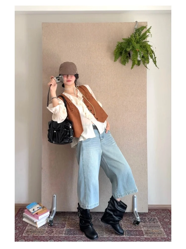 

MOWENTI American Retro Denim orts Women Summer Loose Comfortable Wide Leg High Waist Eight Parts Pants Casual Sle Zipper