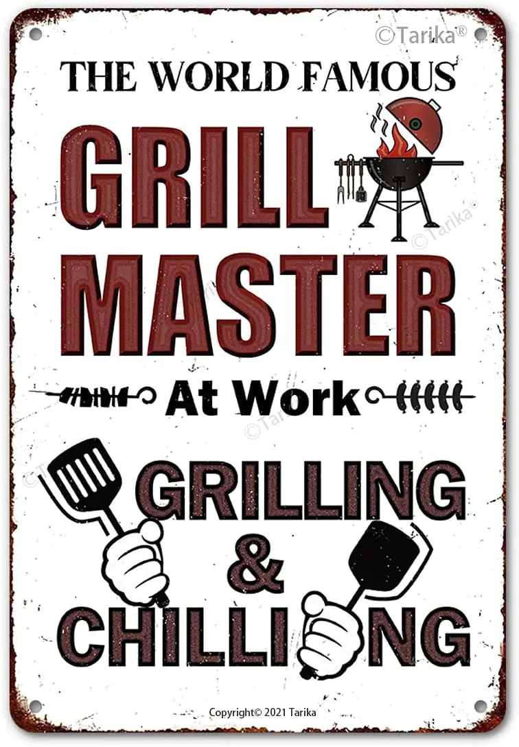 BBQ Grill Barbecue Vintage Tin Sign The World Famous Grill Master at Work Grilling and Chilling, Retro Metal Poster Art Wall Hom