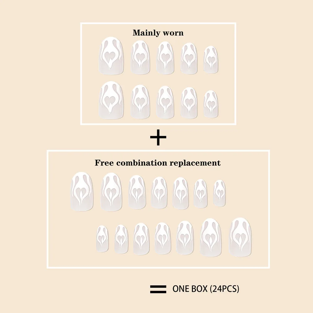 24 sztuk/zestaw Trend długie w owalnym kształcie białe francuskie serce białe nadruk płomieni pełne pokrycie do noszenia sztucznych paznokci na