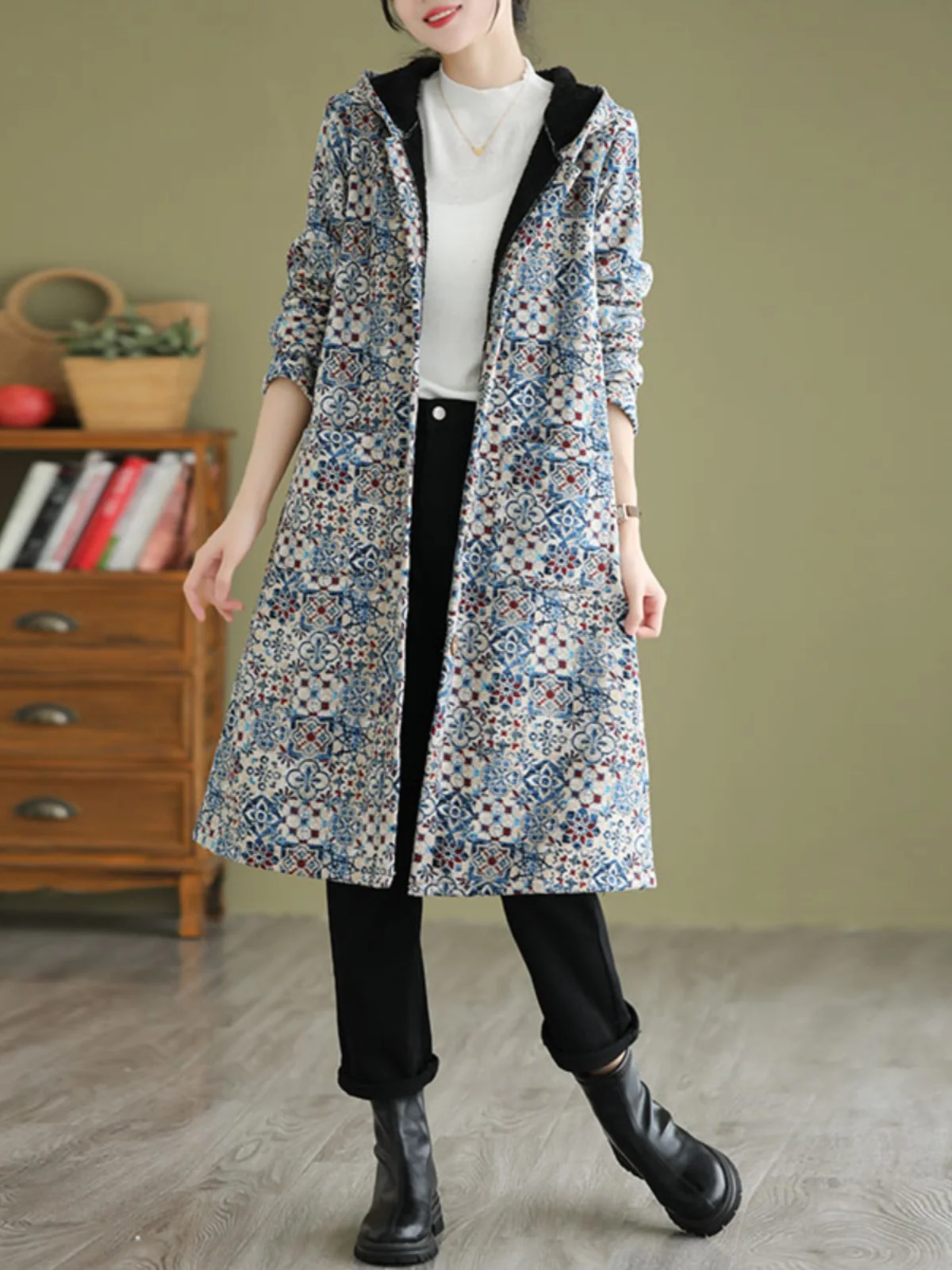 

Women's Winter Long Hooded Cotton Jaet Overcoat Thiened Korean Sle Commute Flower Pattern Single Button Regular Sve