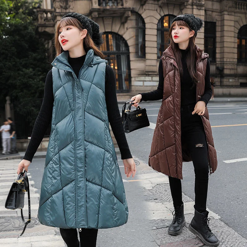 

Autumn Winter Women's Down Cotton Vest Korean Casual Medium Long Jacket Top Thickened Sleeveless Solid Color Waistcoat Female