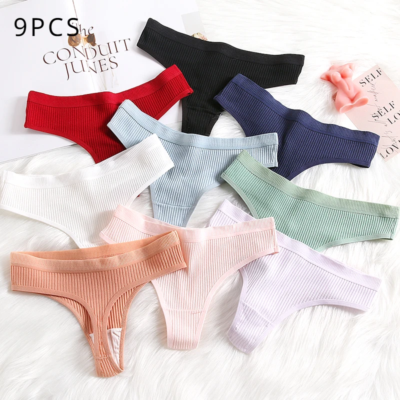

9 шт./компл. женские хлопковые стринги, трусики, женские ребристые стринги с низкой посадкой, женские сексуальные бикини 7, однотонное мягкое нижнее белье для девочек S-XL