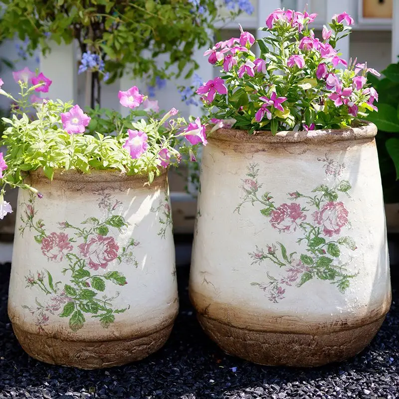 Large White Antique Flower Pot for Villa Garden, Blue-and-White Planter for Balcony, Decorative Art Container for Courtyard