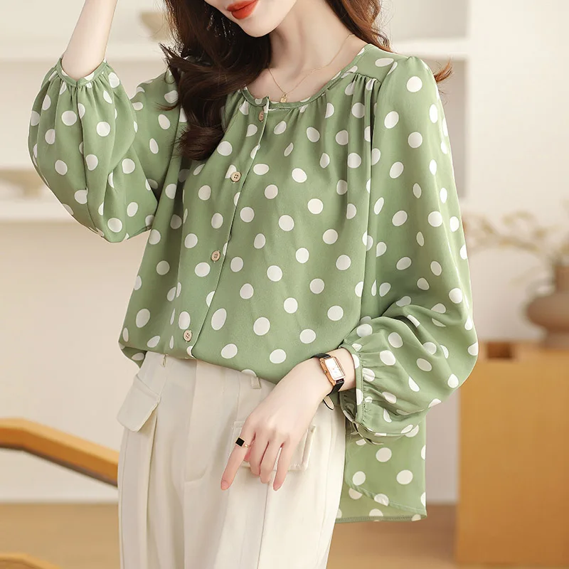 Women Clothing French Polka Dot Chiffon Shirt Spring Summer Loose Single Breasted Vintage O-neck Blouses Fashion Elegant Top