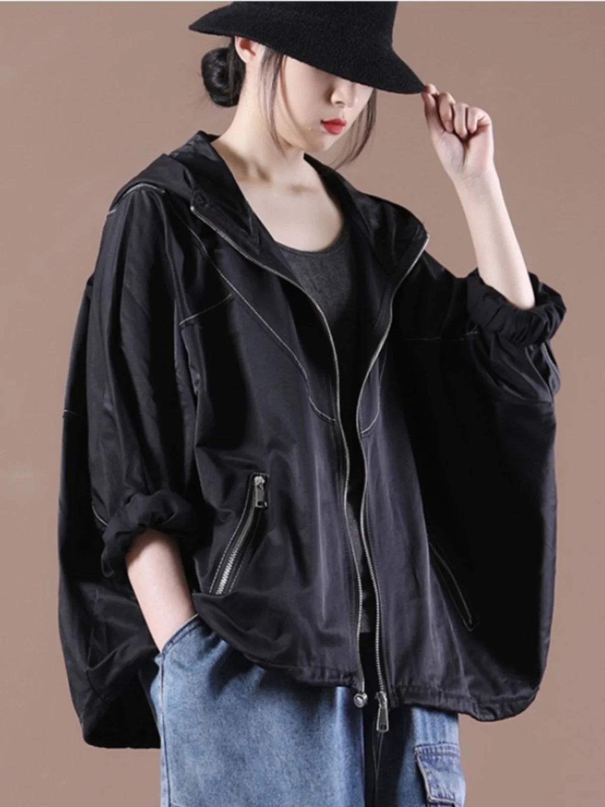 Korean Fashion Loose Zipper Pocket Hooded Short Jacket Women\'s 2023 New Autumn Oversized Long-sleeved Trench Coat Top