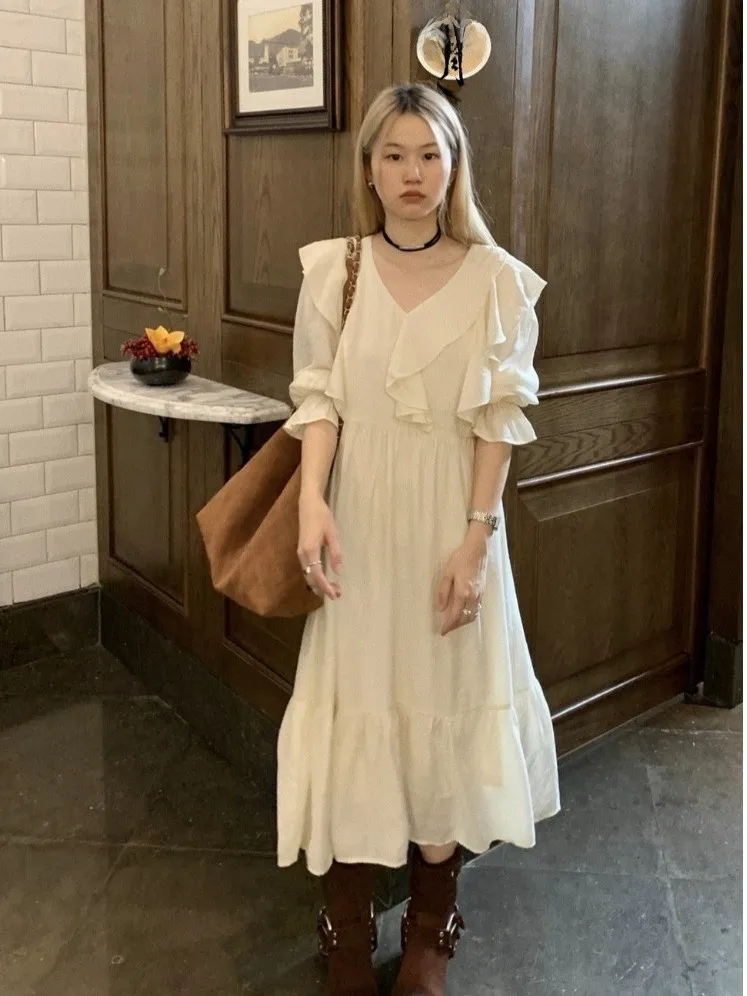 

plus Size Women's V-Ne Long Sve A-Line Dr Slimming Waist High Waist Pleated Skirt Commute Sle Korean Version