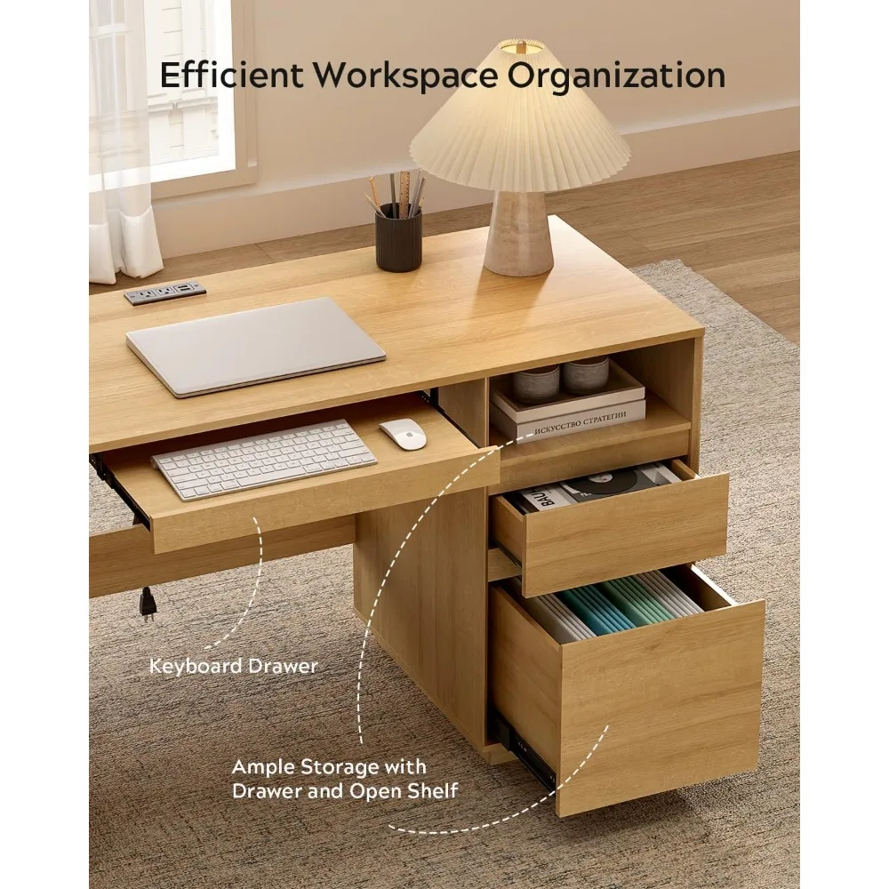 مكتب مكتب منزلي كبير على طراز المزرعة مع درج ملفات ومنفذ وخزانة تخزين وصينية لوحة المفاتيح لمساحة العمل التنفيذي #3