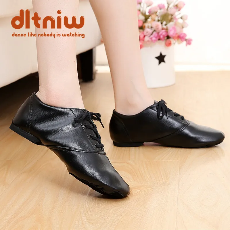 Women Men's Kids Sneakers Black PU Leather Lace-Up Jazz Chaussure Boots Split Outsoles Indoor Dancing Shoe Modern Dance Shoes
