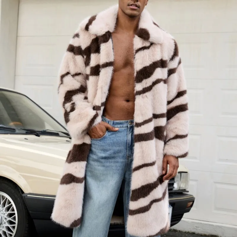 الشتاء رشاقته الدافئة السترات معاطف 2025 الرجعية رجل الفراء رقيق معاطف طويلة سترة ملابس خارجية فو الفراء زيبرا مخطط فضفاض سترة القمم